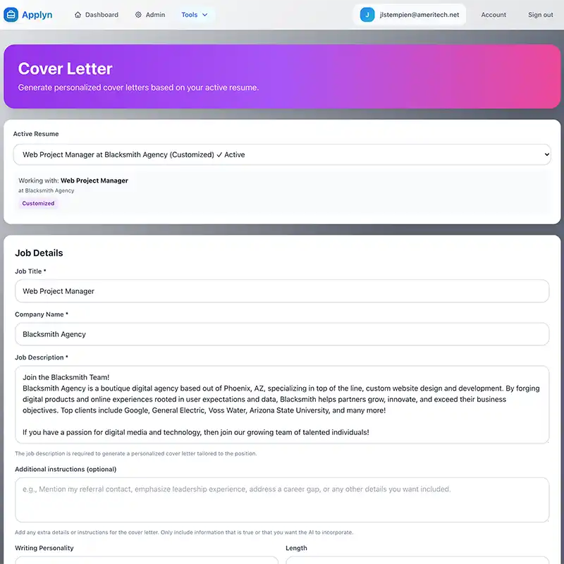 Cover letter and resume tools